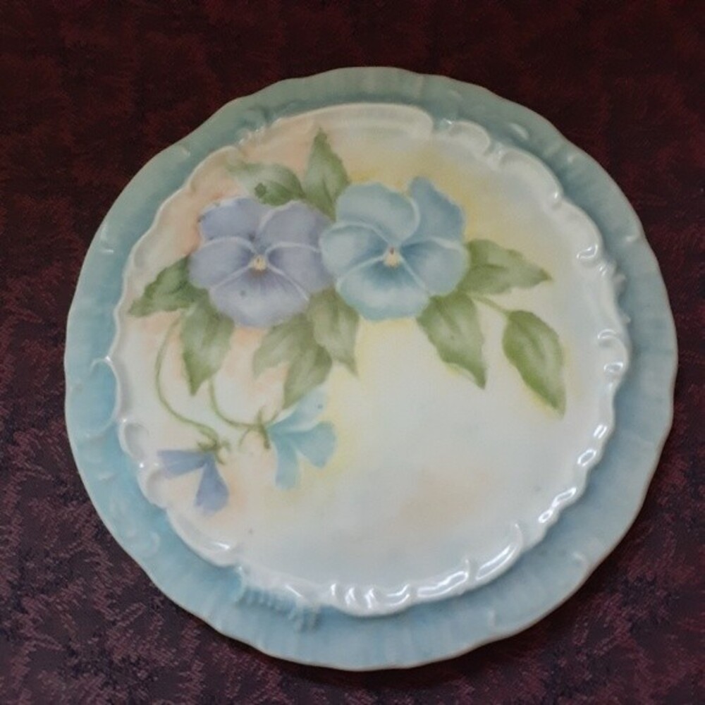 vintage Hand painted blue flower ceramic wall plate painting art pansy porcelain - Picture 3 of 9